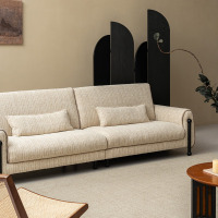 鼎南原野条纹布艺实木沙发直排沙发亚麻 浅穗米 三人位 2.2m