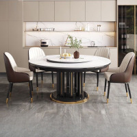鼎南岩板餐桌椅组合现代简约新款吃饭桌子家用小户型圆桌亮光实木餐桌 黑色 1.2米单桌(送转盘)