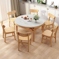 鼎南实木餐桌家用小户型现代简约可伸缩折叠圆桌两用带电磁炉岩板饭桌 单餐桌 120*76*75CM
