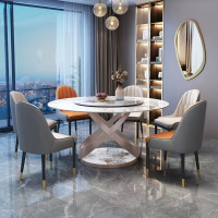 鼎南岩板圆餐桌现代简约轻奢小户型高端亮光家用圆形餐桌带转盘吃饭桌 12mm亮光岩板餐桌(太空椅) 1米岩板餐桌(包送