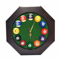 龙云天盾台球13寸台球子三角架实木时钟精美电子钟表球馆挂饰壁钟用品 酒红色八角钟