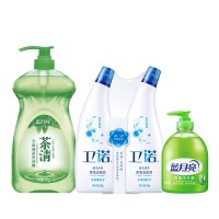 蓝月亮 茶清洗洁精 洗涤精洗涤灵绿茶清香食品可用套装 1kg+洗手液500g+洁厕液500g*2