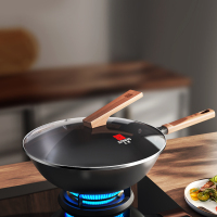 三禾 无涂层铁锅 炒锅 窒氮防锈不粘 熟铁锅 厨房好物32cm 带盖 黑色圆底TC32T7