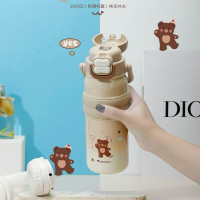 匡迪 7119新款316L保温杯男女学生卡通可爱大容量双饮口水杯儿童吸管杯 7119浅咖色-750ml