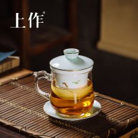 上作 春池 茶水分离高硼硅玻璃杯 陶瓷带描金杯盖耐高温过滤泡茶杯