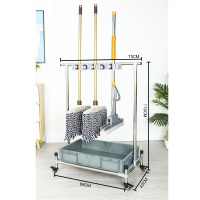XMSJ 拖把扫把挂架免打孔拖把架落地式卫生间沥水收纳 5挂6钩+灰盘+轮子