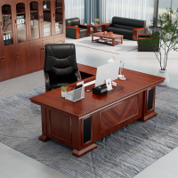 古睿德 1800mm办公家具老板桌办公桌油漆贴木纸皮总裁桌大班台经理桌+侧柜+活动柜
