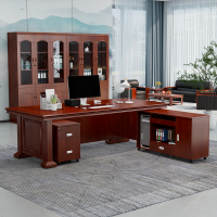 古睿德 2400mm 办公家具老板桌办公桌油漆贴木纸皮总裁桌大班台经理桌+侧柜+活动柜