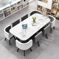 仓迪 CD-0937现代简约会议桌办公桌接待桌椅培训机构桌椅饭桌餐洽谈桌椅组合 内灰白皮椅 仿石白桌(单位:组)