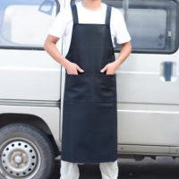 册宣 背带款皮围裙防水防油软皮加大加长耐磨工作服男女厨房pu皮革 黑色大口袋_H带皮革围裙