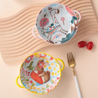 益美洁 陶瓷汤碗釉下彩双耳防烫汤盆8英寸家用面碗卡通创意沙拉碗2只装