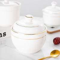 册宣 陶瓷碗带盖炖盅隔水汤盅蒸蛋羹燕窝盅家用单人份4英寸金边炖盅
