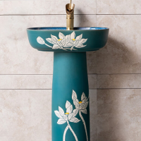 册宣荷花轻奢彩落地式洗手盆池台柱式洗脸盆卫生间艺术立柱盆花园蓝色 小号柱盆+龙头套餐CX1120