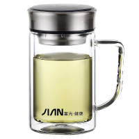 富光 玻璃杯双层办公大容量带把手水杯带盖有滤网玻璃茶杯子水杯 X1501-BSPT-380ml黑色