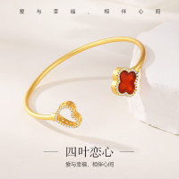 金 六 福 吉 祥 24K铜铸金古法四叶草玛瑙桃心开口手镯 SZTX71228