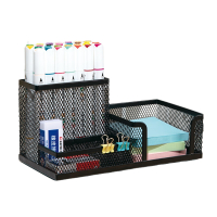 齐心(COMIX)经典金属网格笔筒多功能三合一收纳盒 办公用品 三格办公桌面收纳盒摆件 黑色EB711