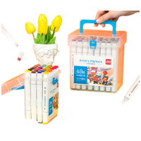 得力(deli)水性马克笔48色双头方杆大容量速干学生常用款水彩笔勾线笔绘画荧光笔水彩笔礼物美育HM362