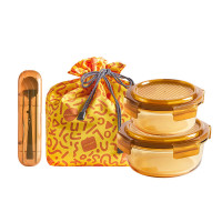 乐扣/家用品晶彩琉光圆形玻璃保鲜盒四件套琥珀色
