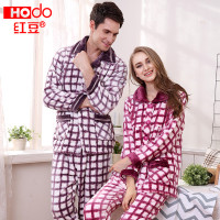 红豆居家 秋冬季情侣加厚法兰绒印花男/女家居服加厚格子睡衣套装