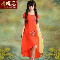 蝶恋 2013夏装新款女装 复古撞色拼接长裙短袖雪纺连衣裙 30648