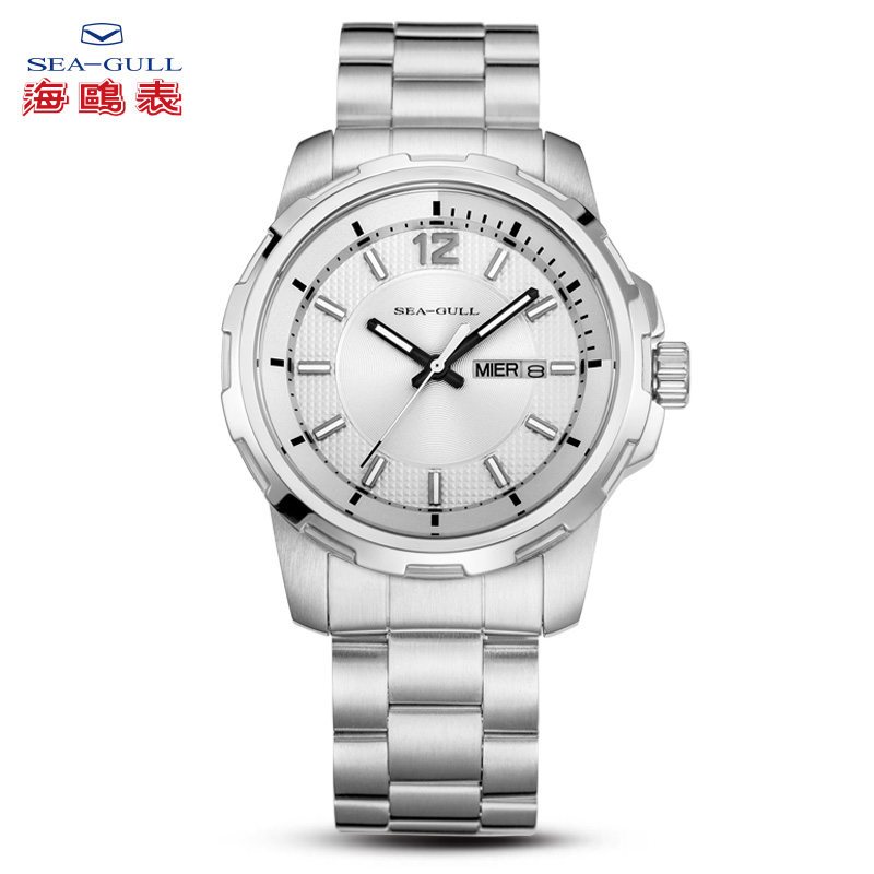海鸥手表男士简约休闲石英表时尚双历钢带防水男表 e314