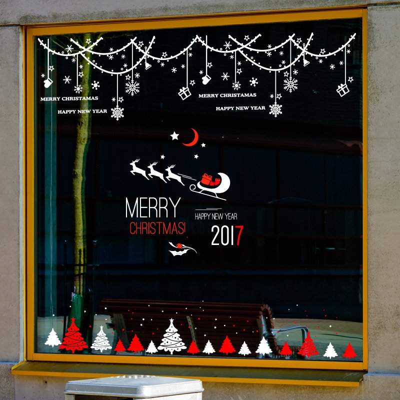 圣诞树元旦布置用品店铺圣诞装饰新年店铺橱窗玻璃贴饰