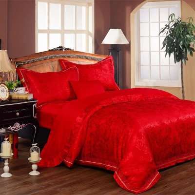 品尚之翼家纺 婚庆四件套 床上用品套件 全棉莫代尔贡缎 大红玫瑰