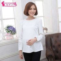 可可心依 孕妇秋款领圈花边打底衫泡泡衣袖孕妇装上衣宽松下摆长袖T恤W024