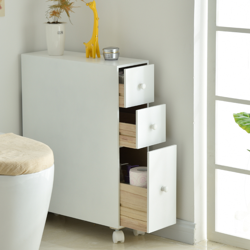韩式简约现代木质浴室边柜 卫浴带滚轮可旋转落地实木筐架收纳柜置物架白色卫生间侧柜