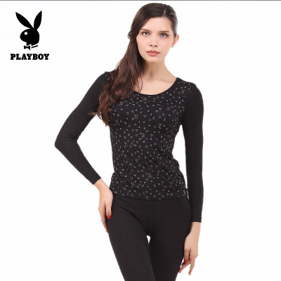 [断码清仓]花花公子女士秋衣秋裤套装修身圆领打底衬衣女黑色