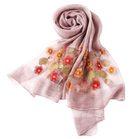 女士丝巾 中年刺绣花朵空调长款披肩薄妈妈真丝丝巾高档真丝围巾