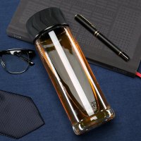 商务玻璃水杯双层便携创意过滤随手杯男士轮胎式杯盖水晶茶杯