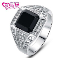 银斯妮 925银男士戒指镂空黑玛瑙戒指男士银镶嵌戒指时尚指环黑色17到29号可选