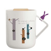 艾可思 YOYO陶瓷杯 带木盖带手柄 马克奶茶用杯子 310ml