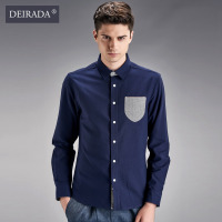狄拉达2016秋冬款男士纯棉长袖衬衫韩版修身显瘦纯贴袋插色拼接牛津纺衬衫商务休闲衬衫衣服男士