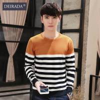 狄拉达2016秋冬款条纹长袖毛衣男士韩版时尚简约条纹拼接圆领长袖针织衫毛衣男士衣服男装大码