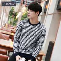 狄拉达2016秋冬款条纹长袖毛衣男士韩版时尚简约细条纹拼接圆领长袖针织衫毛衣男士男装衣服大码