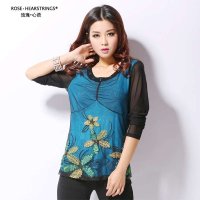 2013新款长袖女装T恤新款圆领网纱拼接绣花显瘦打底针织秋衣W003