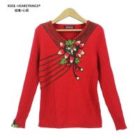 玫瑰心语2013新款冬装女式毛衣V领修身手工绣花民族风羊毛衫9654