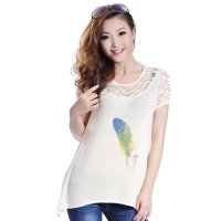 女装夏装2013新款蕾丝前短后长宽松百搭针织时尚女装短袖T恤025c