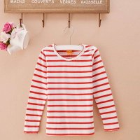 女童 宝宝长袖T恤 红白色条纹 海魂全棉针织女上衣 外贸原单百搭