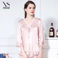 西丝娘娘 100%桑蚕丝女式中袖家居服 精美蕾丝边公主袖上下套 真丝睡衣C036