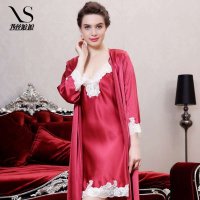 西丝娘娘 100%桑蚕丝新款蕾丝边高贵真丝性感两件套吊带睡衣睡袍女家居服C053