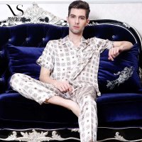 西丝娘娘 男士新款条纹印花真丝睡衣上下套 家居服