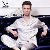 西丝娘娘 2014男士新款条纹印花真丝睡衣上下套 家居服