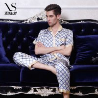 西丝娘娘 男款新款条纹印花真丝睡衣上下套 家居服