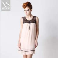 西丝娘娘 春夏桑蚕丝性感妖媚蝴蝶结透明蕾丝绣花睡衣 女士高级真丝家居服B010