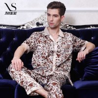 西丝娘娘桑蚕丝男士新款印花真丝睡衣上下套 家居服短袖真丝睡衣送爸爸C034