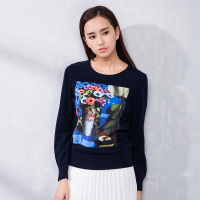 2016冬新款毛衣女时尚油画修身圆领羊绒衫打底套头针织毛衫