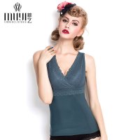 慕艺新品秋冬季保暖上衣加厚加绒蕾丝V领保暖背心女修身保暖内衣